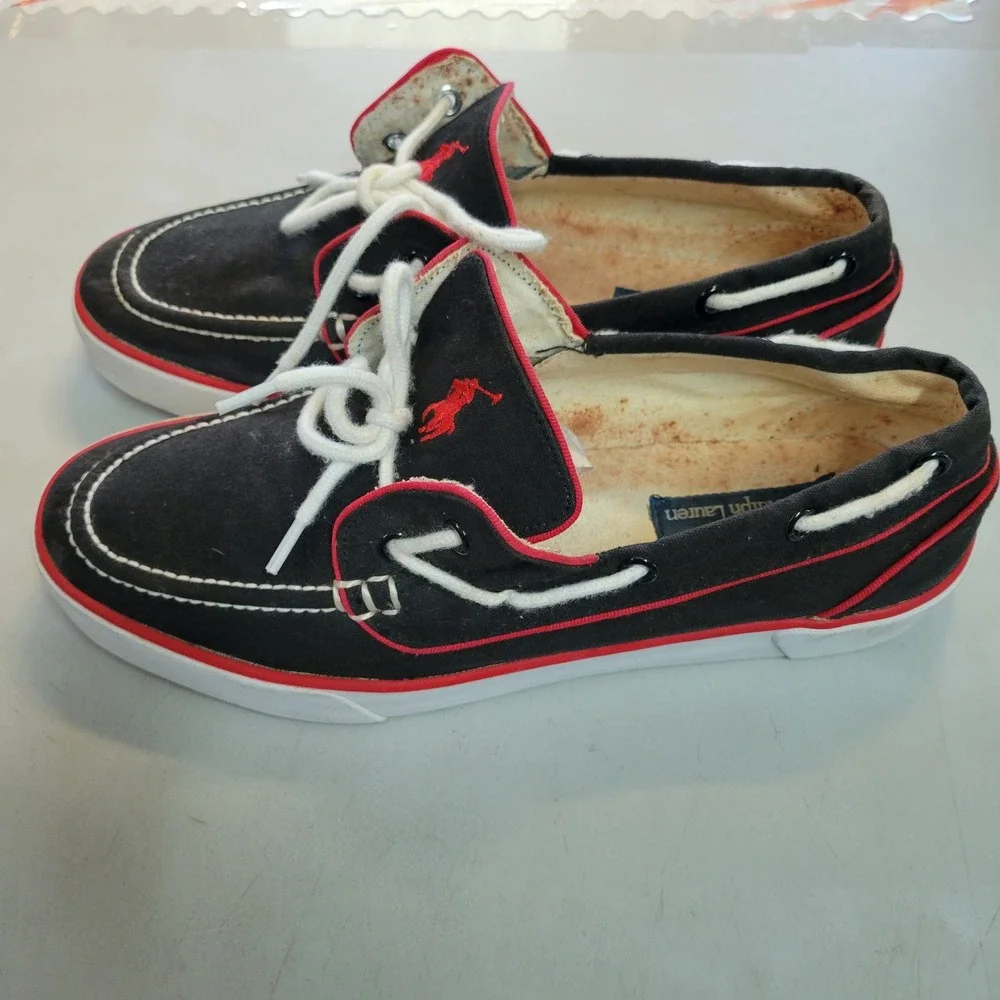 Polo Ralph Lauren Lander P Mens 8D Black Canvas Boat Shoes Red Pony Logo Loafers